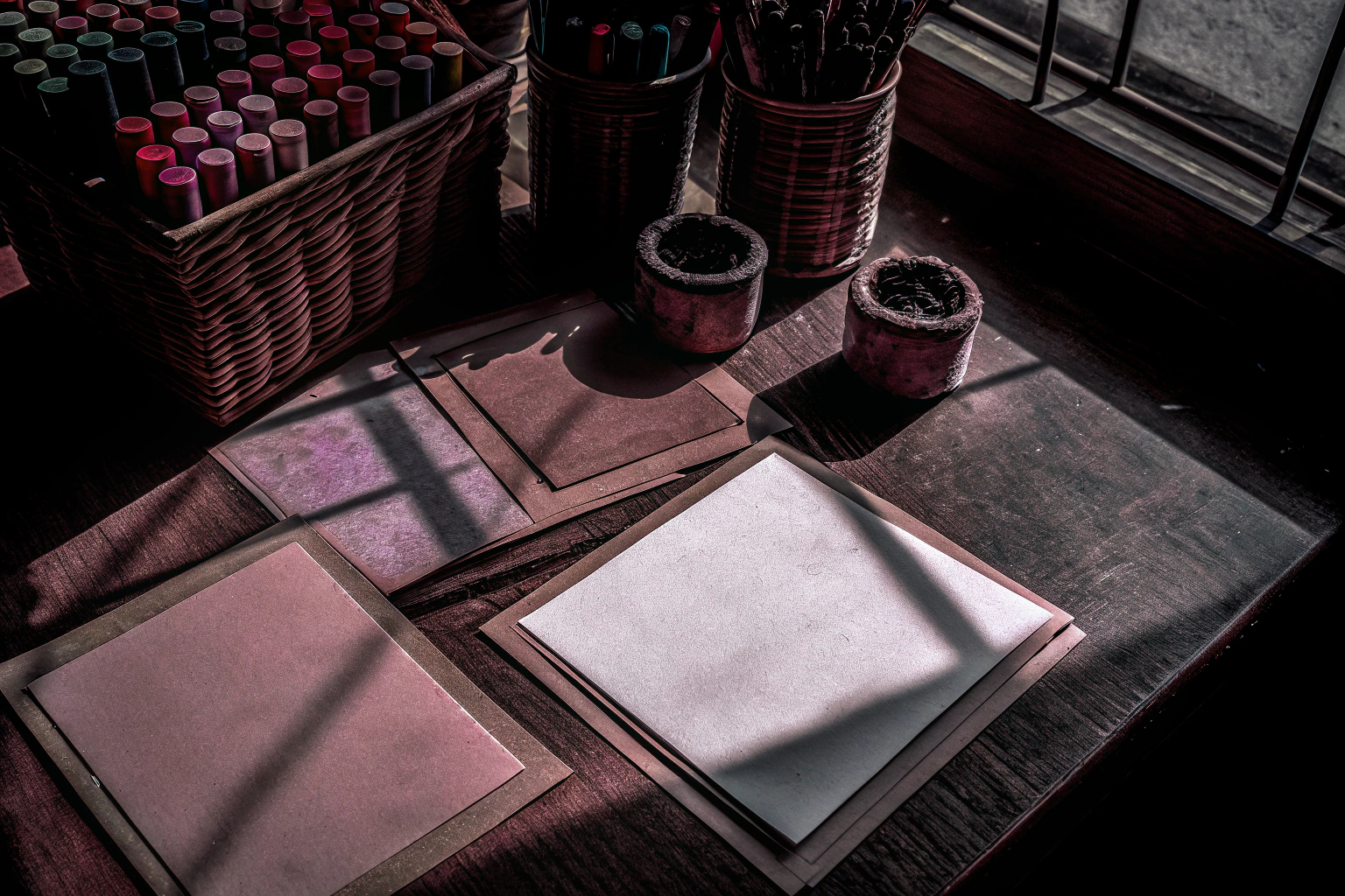 Ein Tisch mit verschiedenen Bastelmaterialien für DIY-Karten, darunter Stifte, Aquarellfarben und Stempel. Bastelmaterialien für DIY-Karten