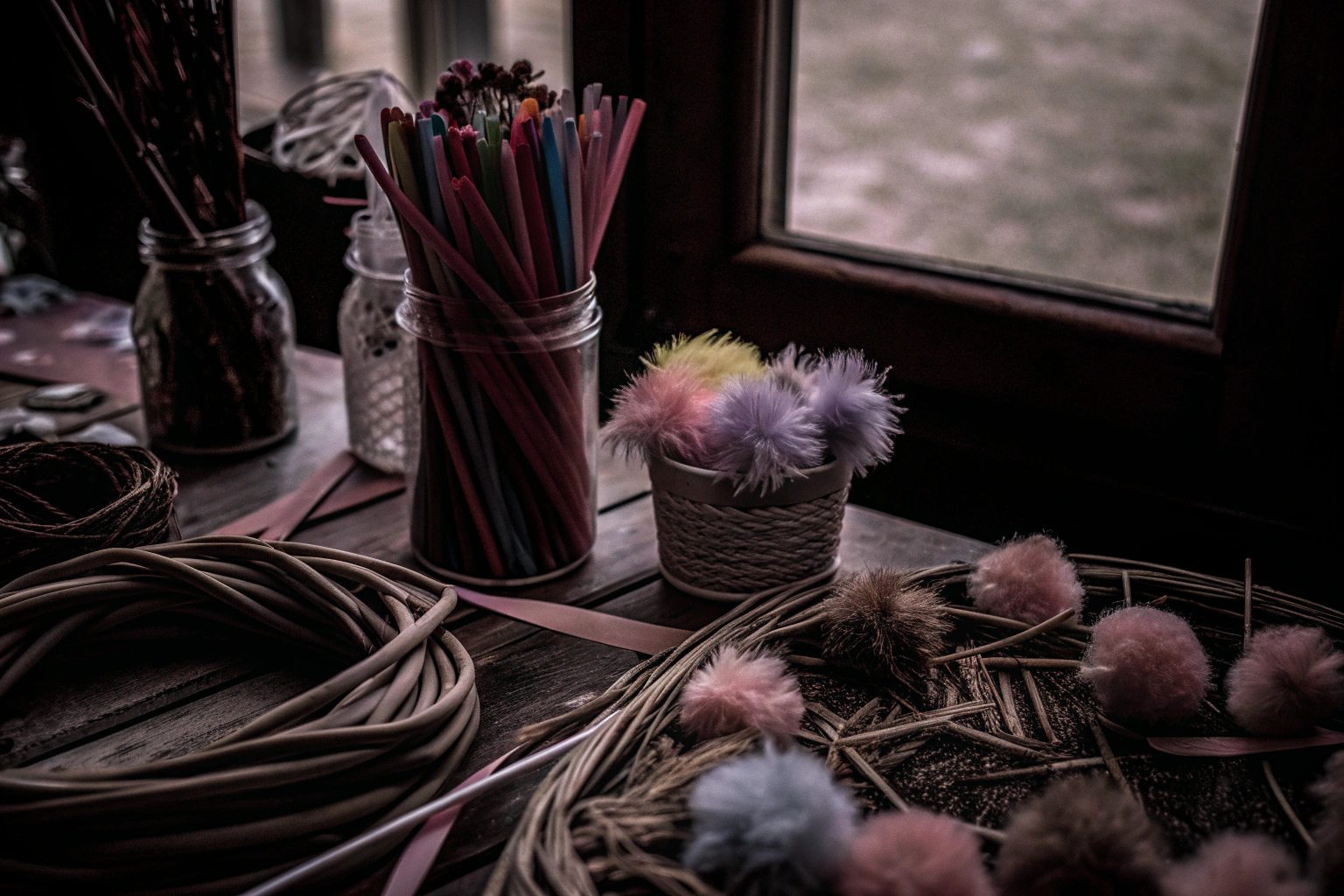 Ein Tisch voller bunter Bastelmaterialien aus einem Bastelset: Pfeifenreiniger, Pompons, Federn und mehr. Bunte Bastelmaterialien auf einem Tisch