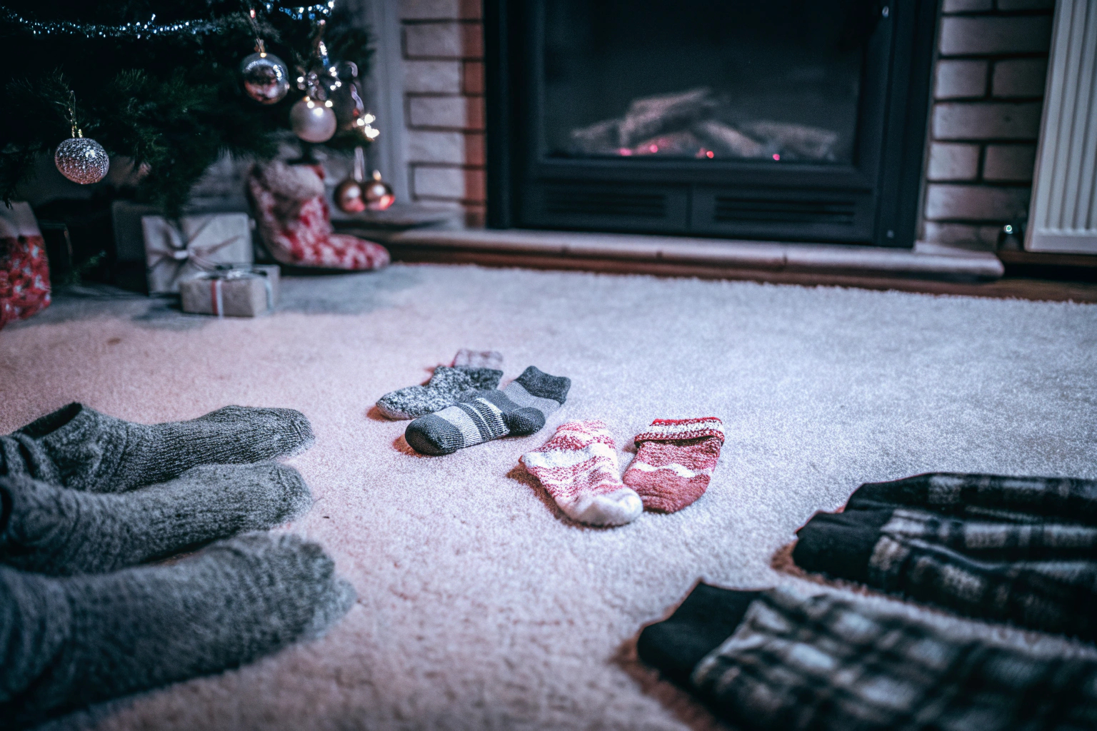 Ein warmes, gemütliches Wohnzimmer mit flauschigen Socken, die auf einem Teppich liegen. Gemütliches Wohnzimmer mit flauschigen Socken