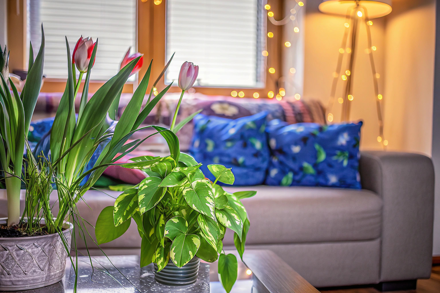 Ein Wohnzimmer, das mit Frühlingsdeko wie Lichtern, Pflanzen und Kissen geschmückt ist. Frühlingsdeko im Wohnzimmer