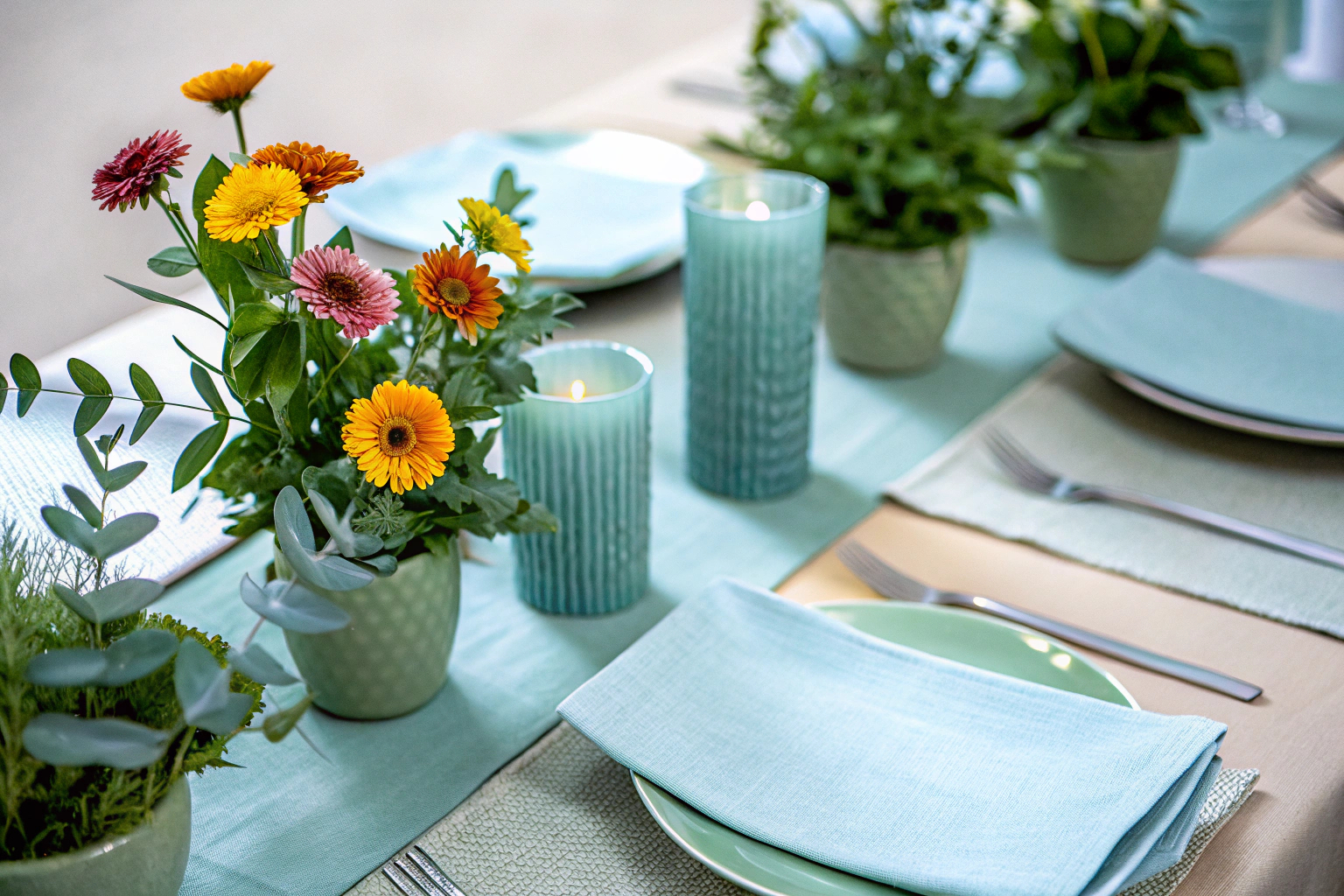 Ein wunderschön dekorierter Tisch für eine nachhaltige Geburtstagsfeier mit Blumen und wiederverwendbarem Geschirr. Nachhaltige Geburtstagsdekoration