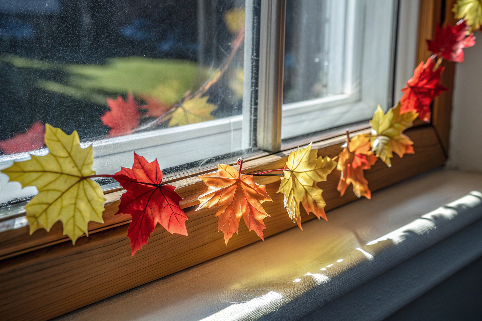 Eine Ahornblattgirlande, die an einem Fenster hängt und das Licht durch ihre bunten Blätter reflektiert. Ahornblattgirlande als kreative Herbstdekoration
