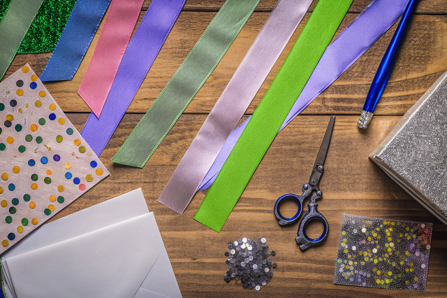 Eine Auswahl an DIY-Materialien zur Einladungsgestaltung wie Bänder und Stempel Materialien für DIY-Einladungskarten