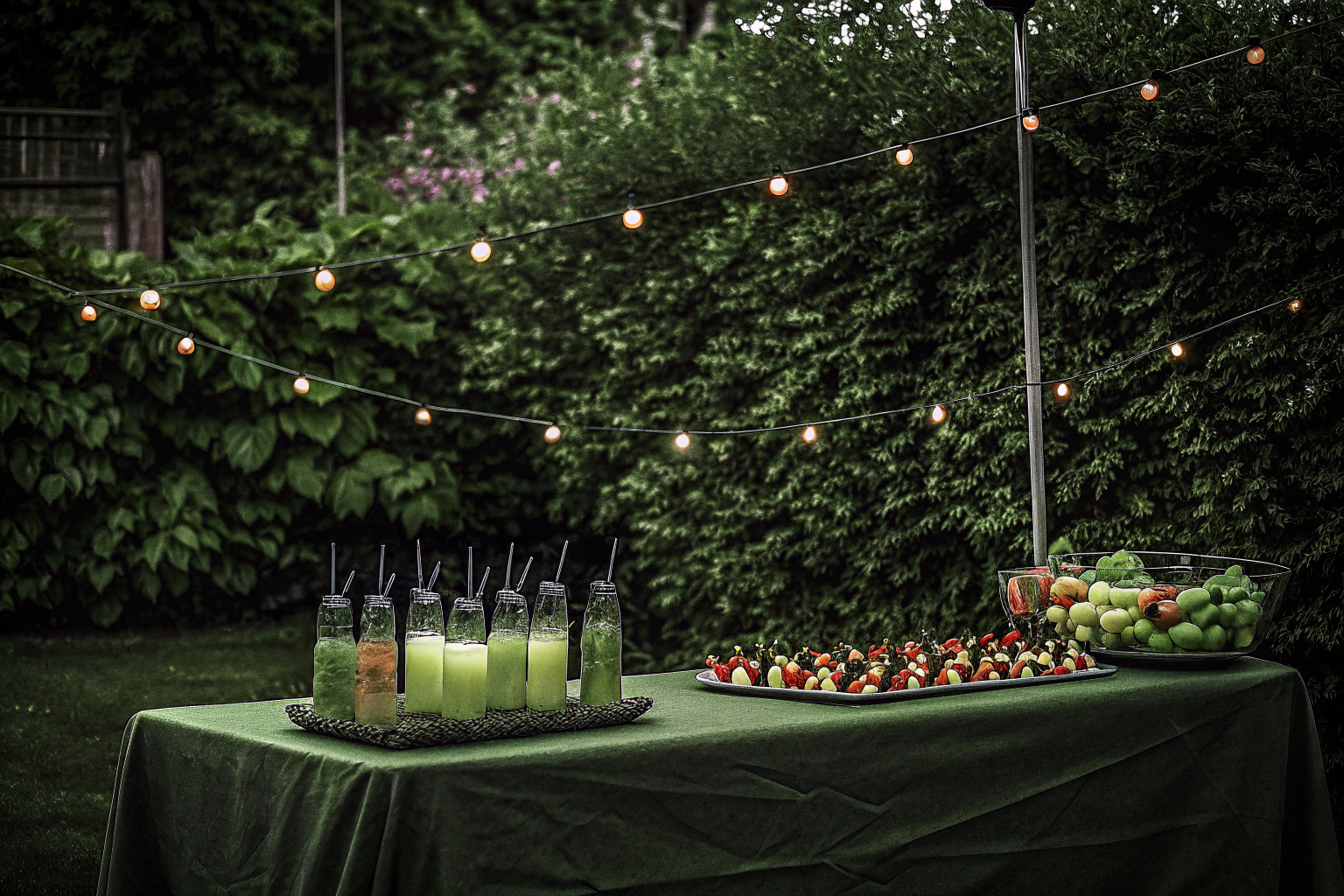 Eine Auswahl an erfrischenden Getränken und gesunden Snacks auf einem dekorierten Partytisch. Erfrischende Getränke und Snacks