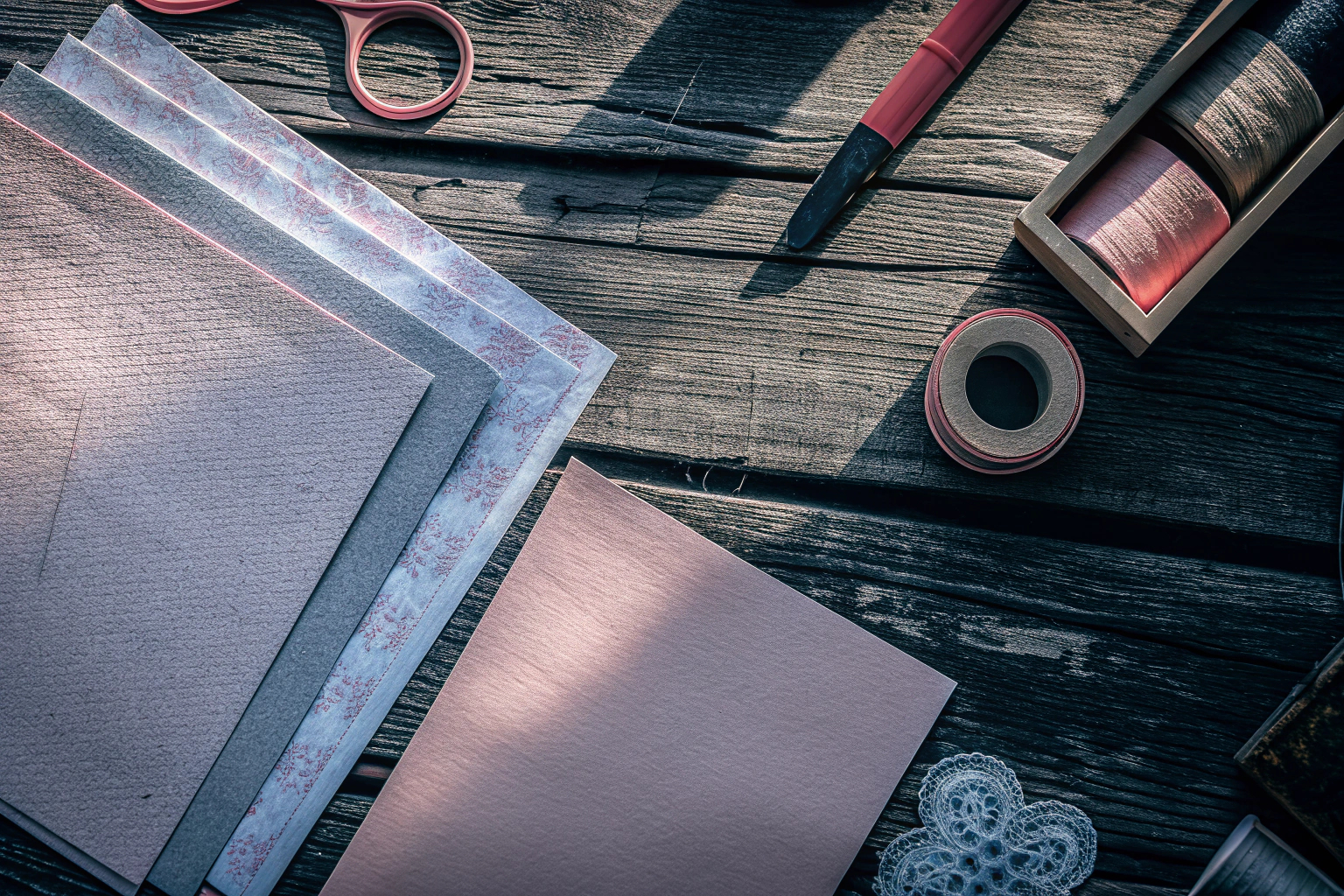 Eine Auswahl an verschiedenen Materialien und Werkzeugen zum Gestalten von Grußkarten. Materialien für Grußkarten