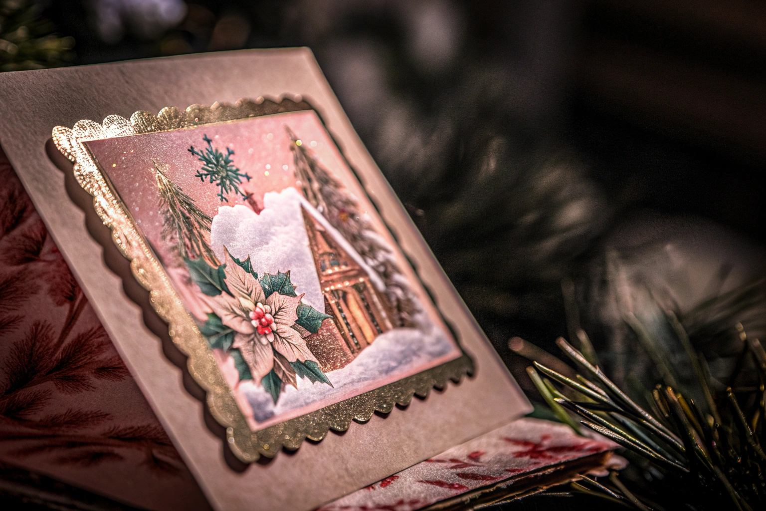 Eine detailreiche Aufnahme einer selbstgemachten Weihnachtskarte mit 3D-Elementen und Aquarellfarben. Selbstgemachte Weihnachtskarte mit 3D-Elementen