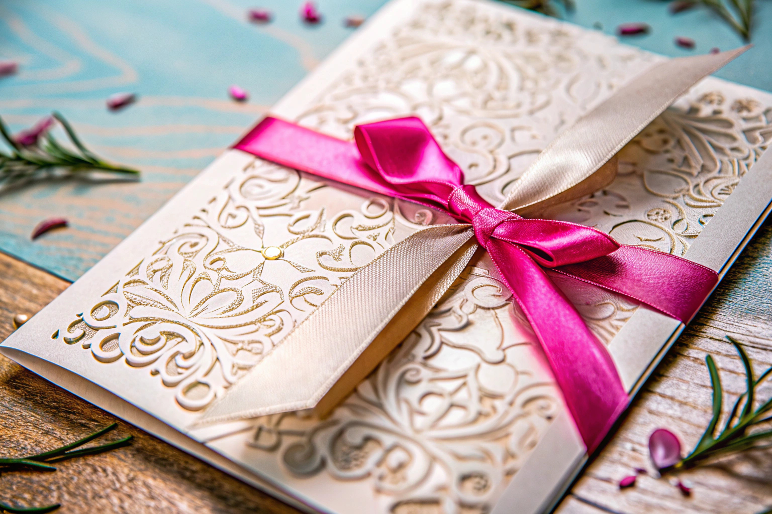 Eine detailreiche Aufnahme von einer handgefertigten Hochzeitskarte mit Blumen und Bändern. Detailaufnahme einer handgefertigten Hochzeitskarte