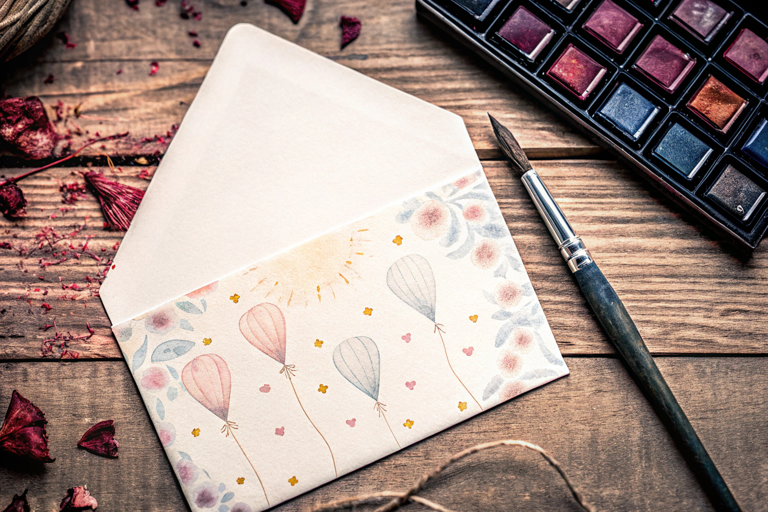 Eine Einladungskarte mit Aquarell-Effekten und Stempeln. Einladungskarte mit Aquarell und Stempel