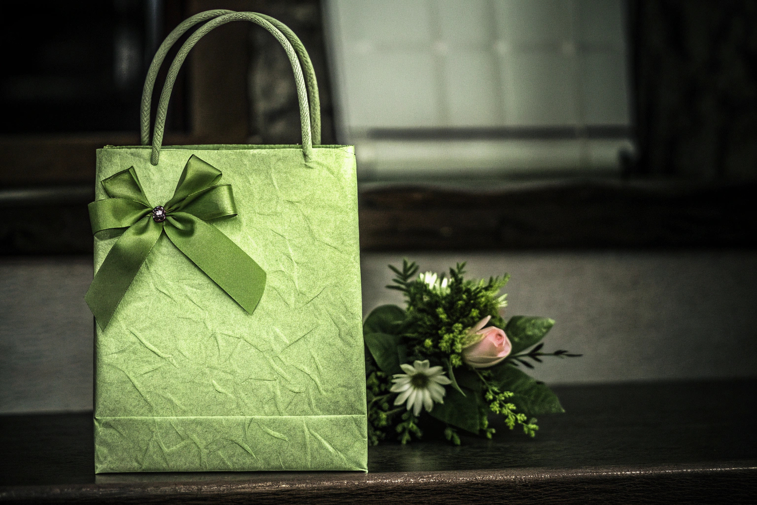 Eine elegante Geschenktüte mit Schleifenband und einem kleinen Blumenstrauß als Dekoration. Elegante Geschenktüte mit Schleifenband