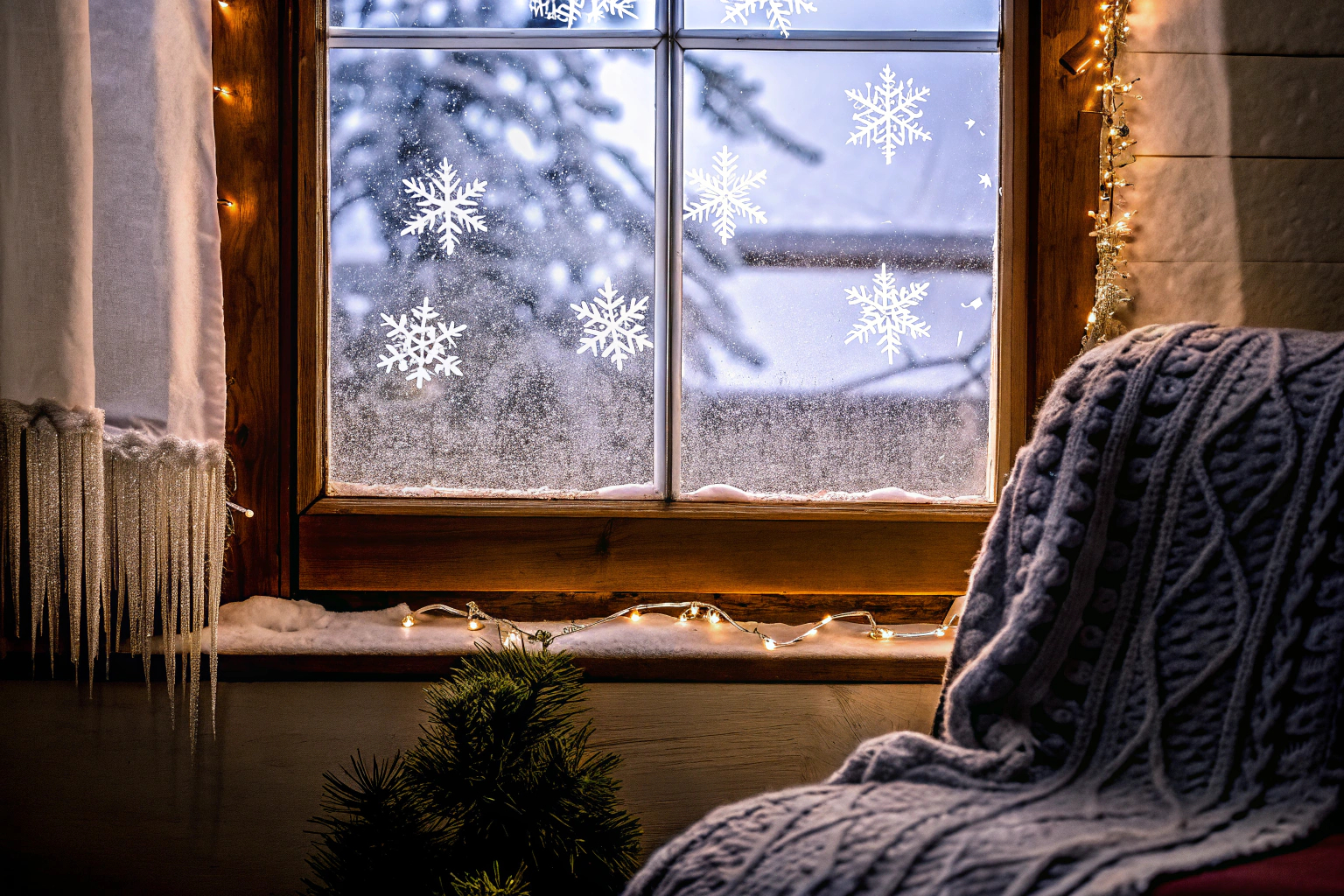 Eine elegante Weihnachtsdekoration mit Schneeflocken und Eiszapfen an einem Fenster. Weihnachtsdekoration mit Schneeflocken