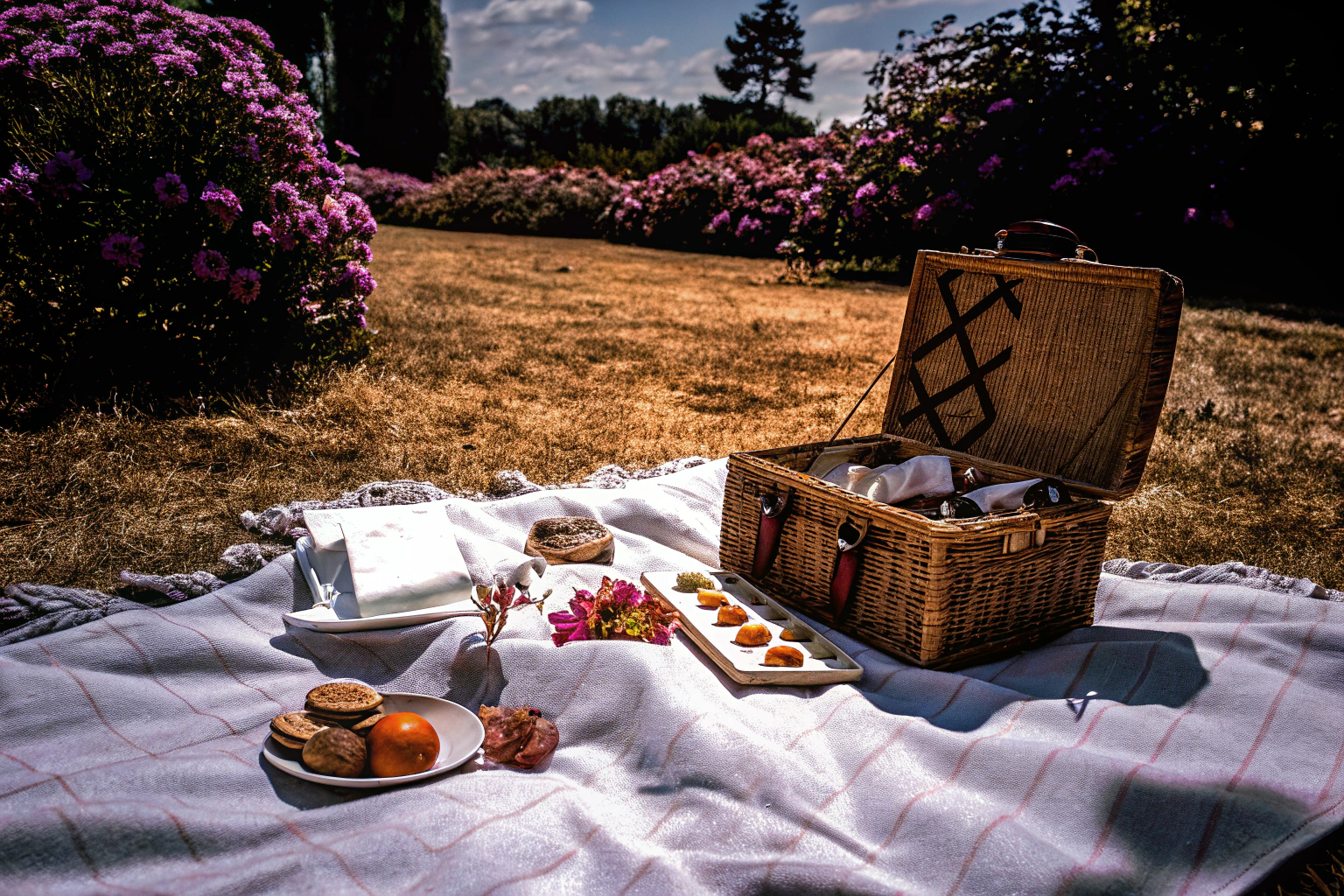 Eine Familie beim Picknick im Grünen, umgeben von blühenden Blumen und strahlendem Sonnenschein. Familie beim Picknick im Grünen