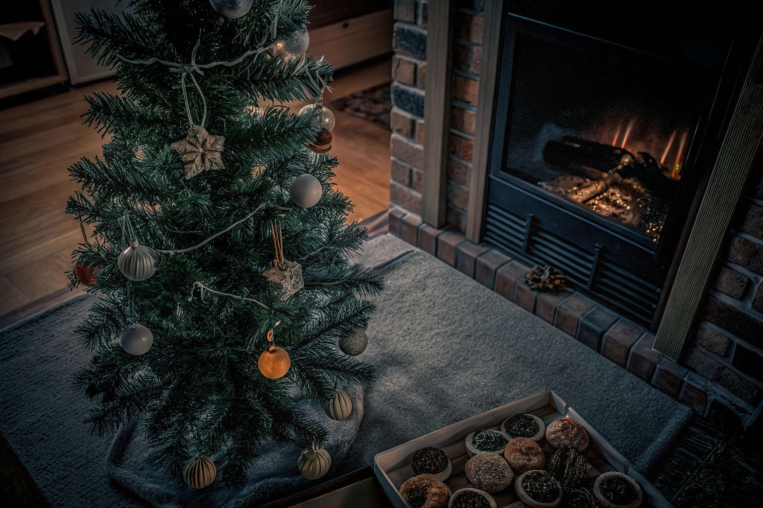 Eine Familie dekoriert zusammen einen Weihnachtsbaum mit selbstgemachtem nachhaltigem Schmuck. Nachhaltige Weihnachtsbaumdekoration