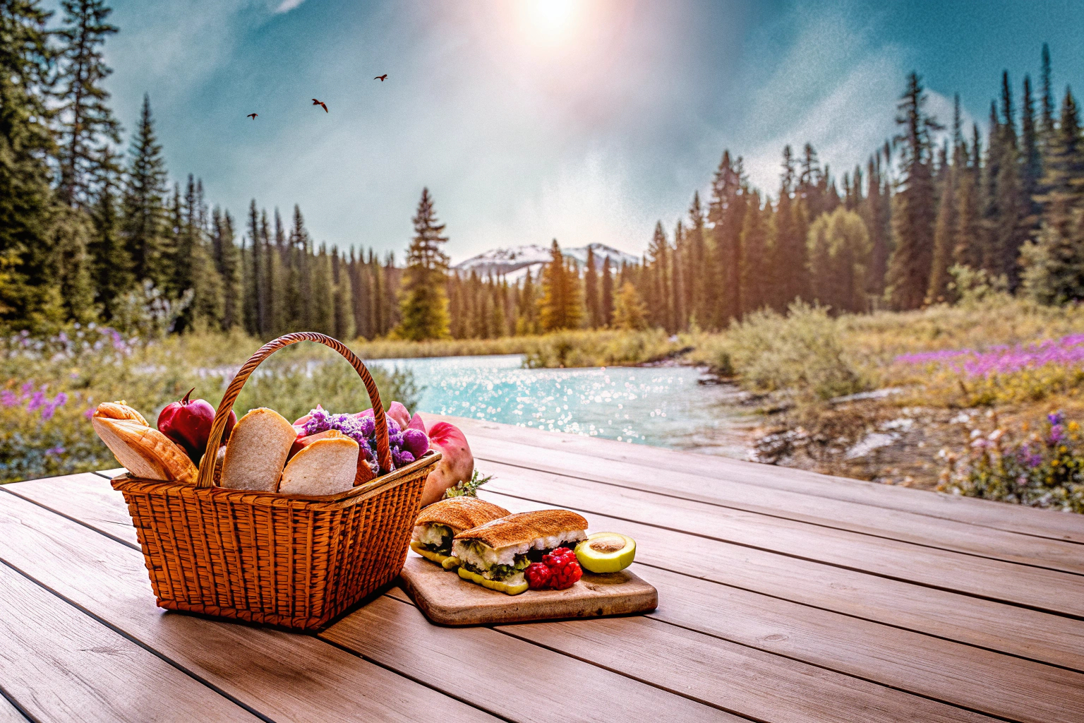 Eine Familie, die draußen an einem Tisch mit einem Picknickkorb sitzt, umgeben von Natur. Nachhaltiges Picknick in der Natur