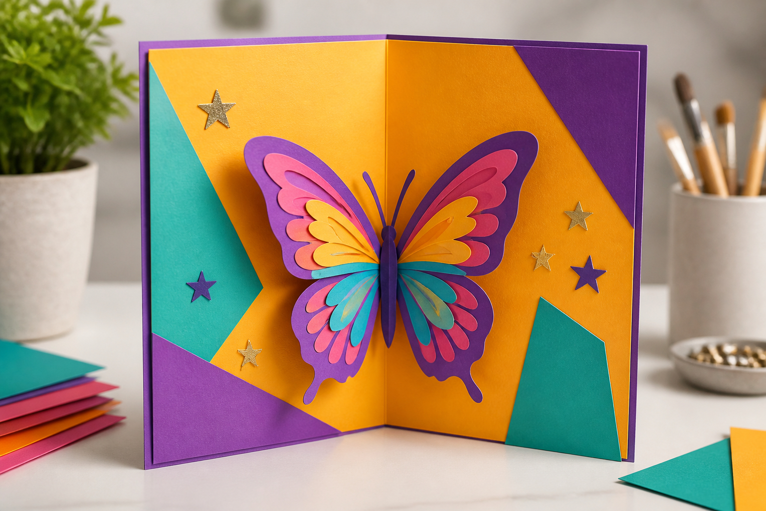 Geburtstagskarte mit dreidimensionalem Origami-Schmetterling