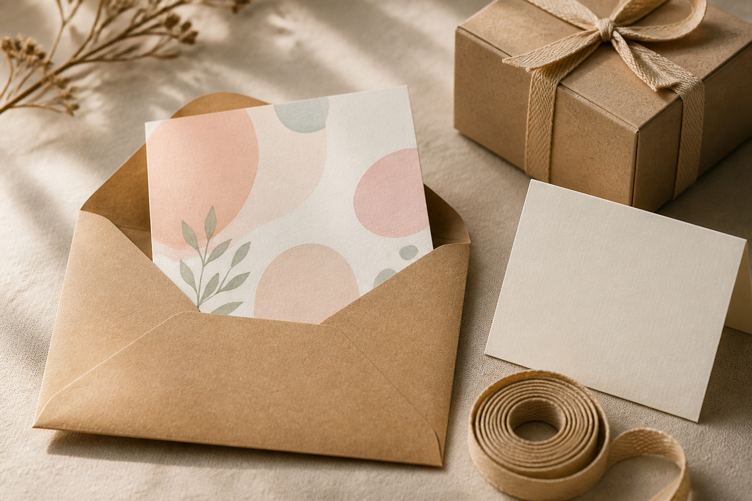Fertig verpackte persönliche Karte zur Geburt mit Kraftpapier-Umschlag