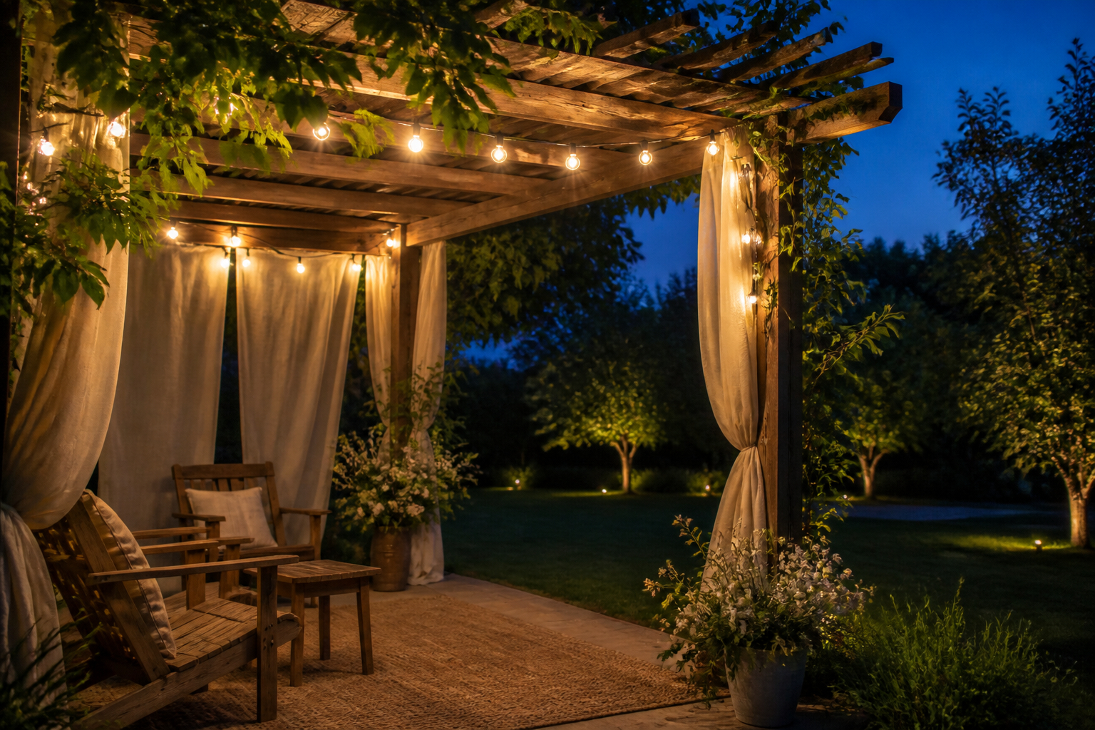 Gartenpergola mit Solarlichterkette und natürlicher Hochzeitsdekoration