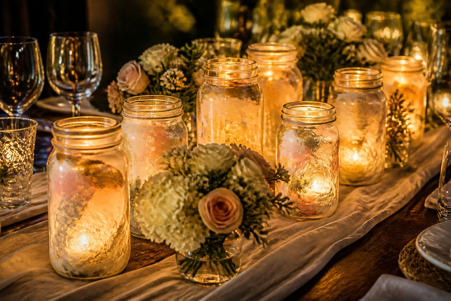 Bemalte Upcycling-Windlichter als Hochzeitsdekoration