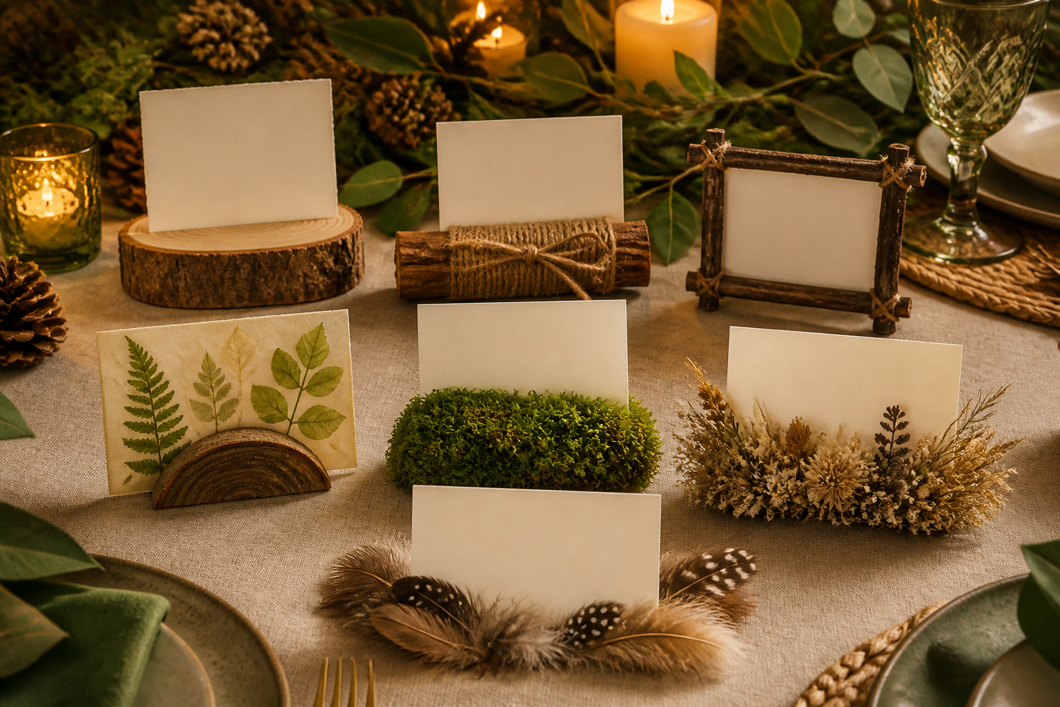Sieben DIY-Platzkarten aus Naturmaterialien auf einer festlichen Tafel