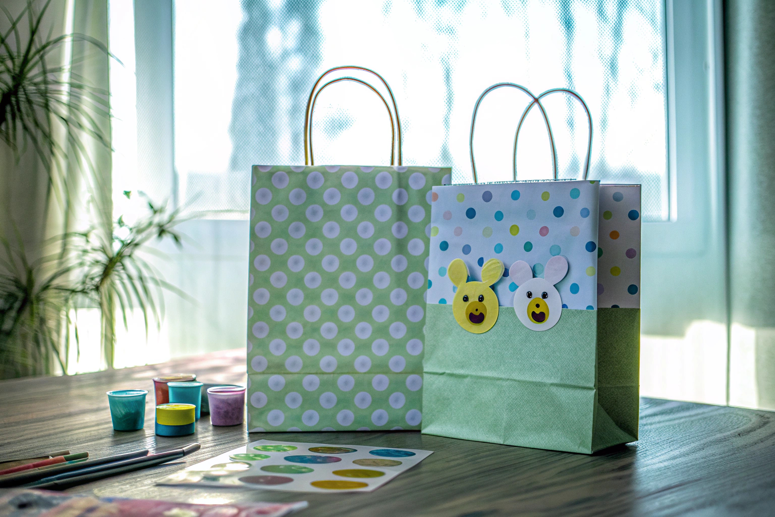 Eine Frau, die mit ihren Kindern bunte Geschenktüten bemalt und mit Stickern verziert. Basteln von Geschenktüten mit Kindern