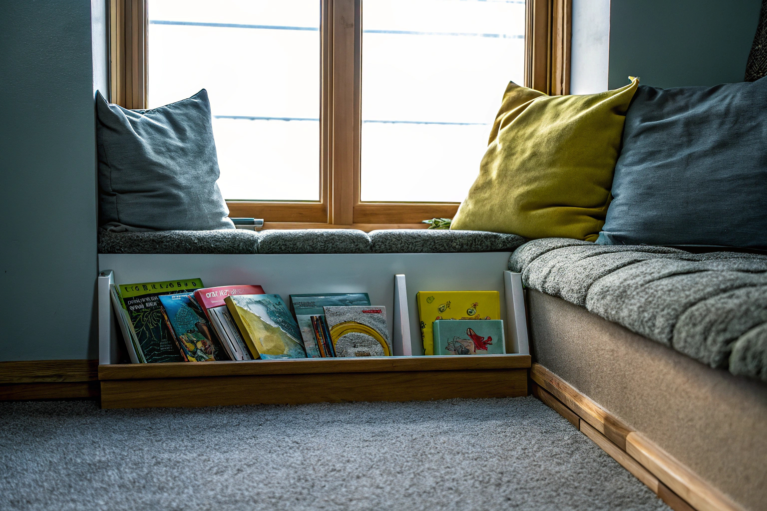 Eine gemütliche Leseecke im Kinderzimmer mit bunten Kissen und einem kleinen Bücherregal. Gemütliche Leseecke im Kinderzimmer