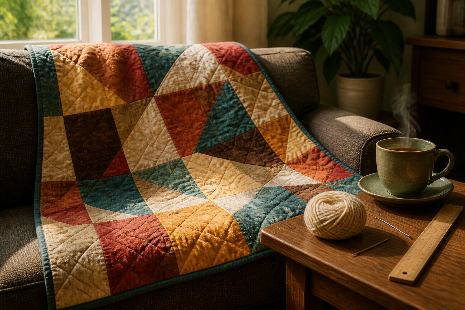 Handgemachte Patchwork-Decke auf einem gemütlichen Sofa