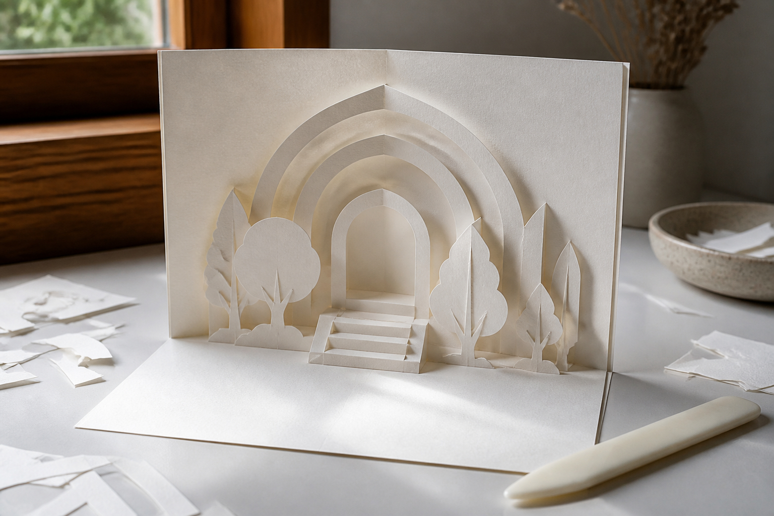Geöffnete Kirigami-Pop-up-Karte mit mehreren Papier-Ebenen