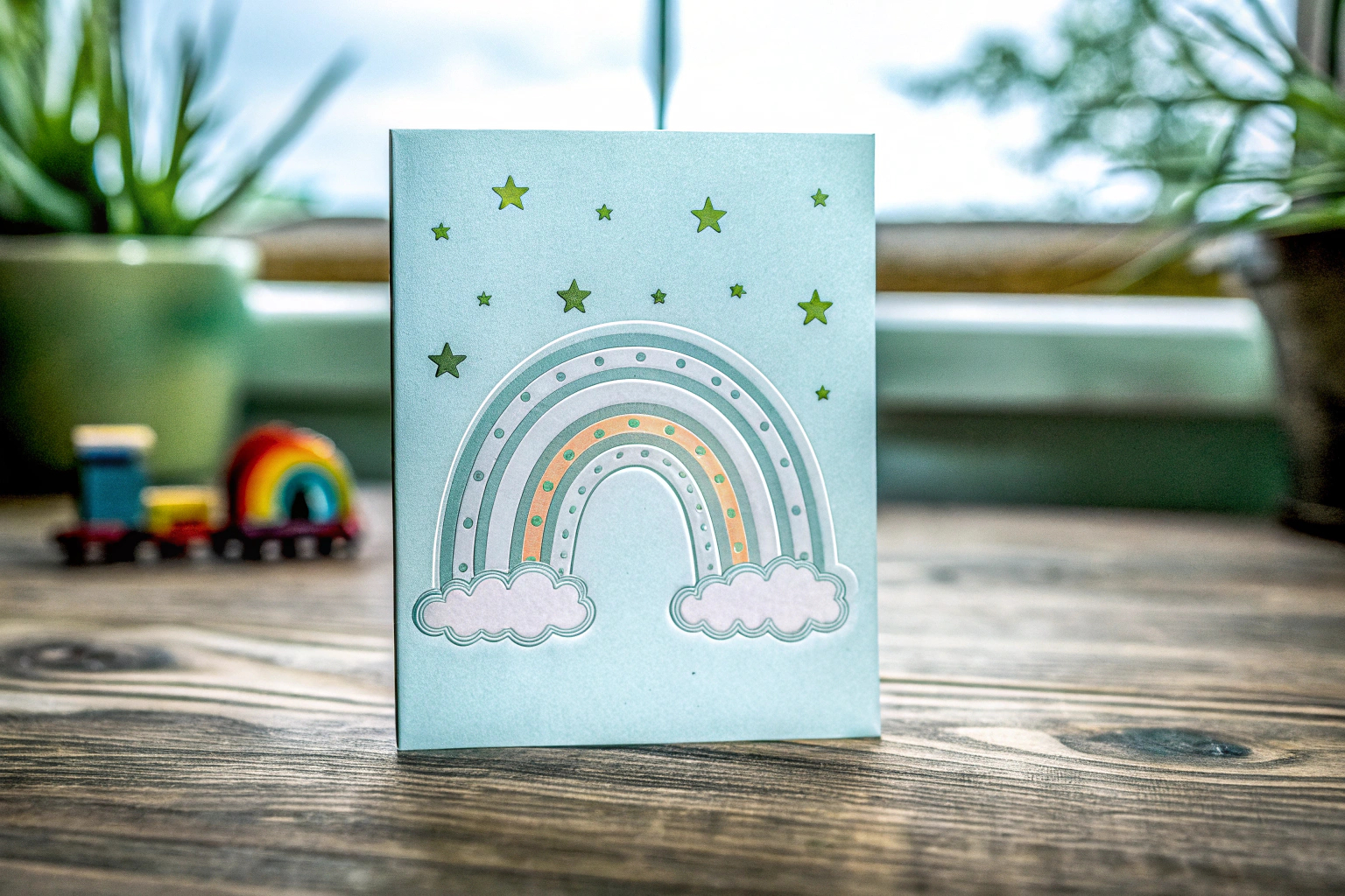 Eine geschlechtsneutrale Glückwunschkarte mit einem sanften Regenbogenmotiv. Geschlechtsneutrale Glückwunschkarte mit Regenbogen