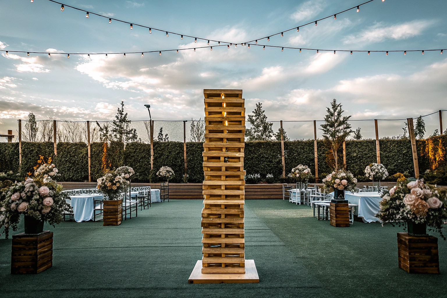 Hochzeitsgäste beim Spielen des WeddingTree Holzturms