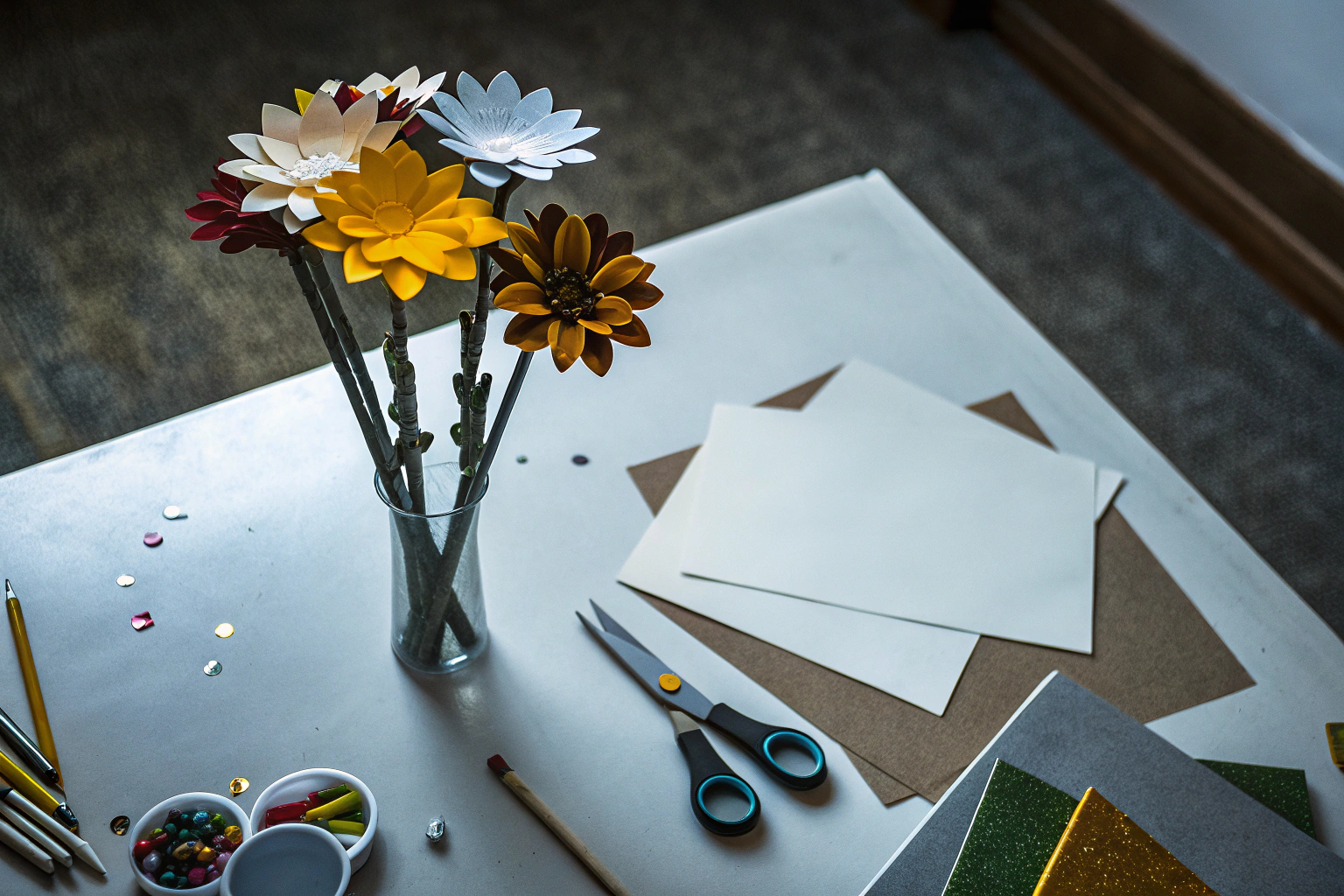Eine Gruppe von Kindern, die gemeinsam an einem Basteltisch sitzen und bunte Papierblumen basteln. Kinder beim Basteln von Papierblumen