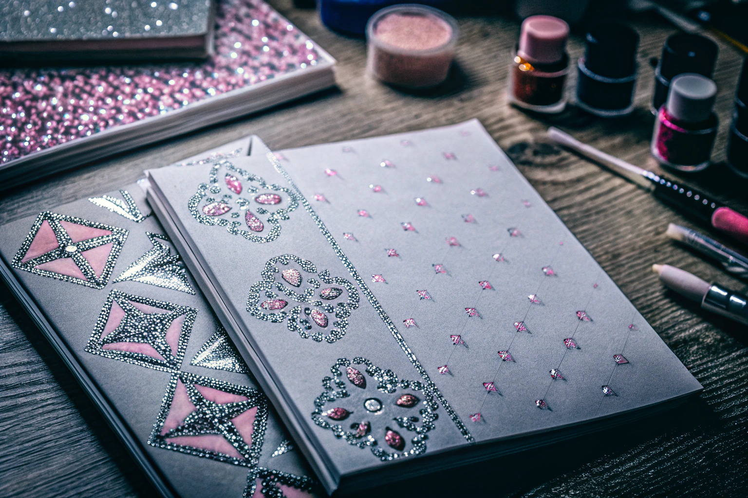Eine Gruppe von Kindern, die gemeinsam an ihren Diamond Painting Notizbüchern arbeiten. Kinder beim Basteln