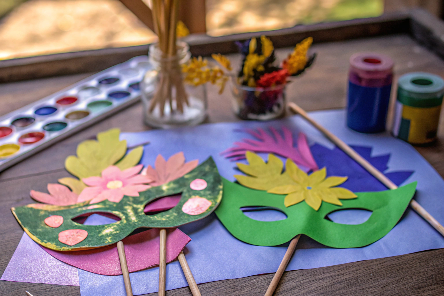 Eine kreative Bastelarbeit mit Masken und Holzstäbchen, ideal für Fasching oder kreative Darstellungen. Bastelprojekt mit Masken und Holzstäbchen
