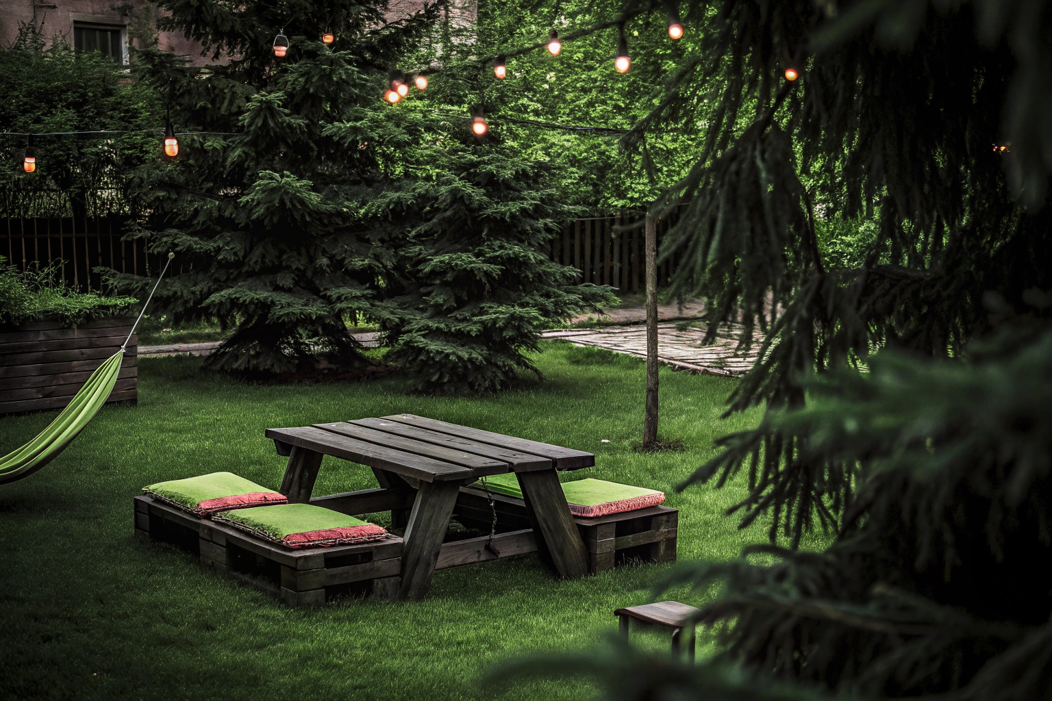 Eine kreative Gartenlandschaft mit selbstgebauten Möbeln und Accessoires, die einladend und gemütlich wirkt. Kreative Gartenlandschaft mit DIY-Möbeln