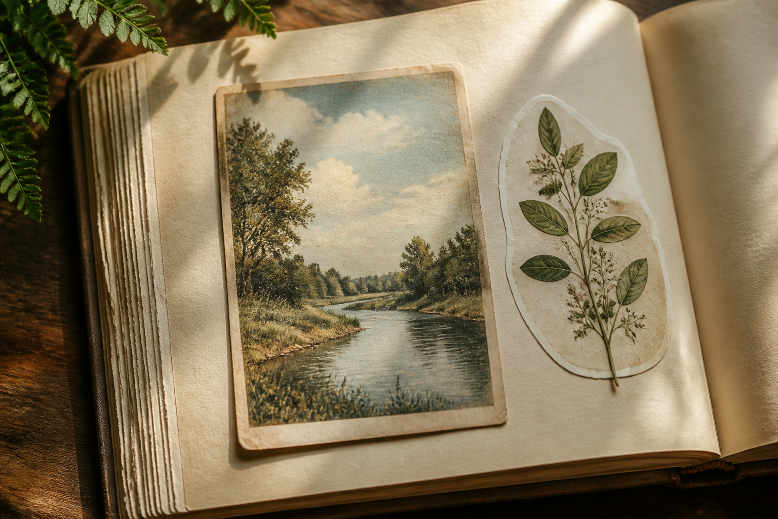 Alte Postkarte mit botanischen Stickern im Erinnerungsalbum