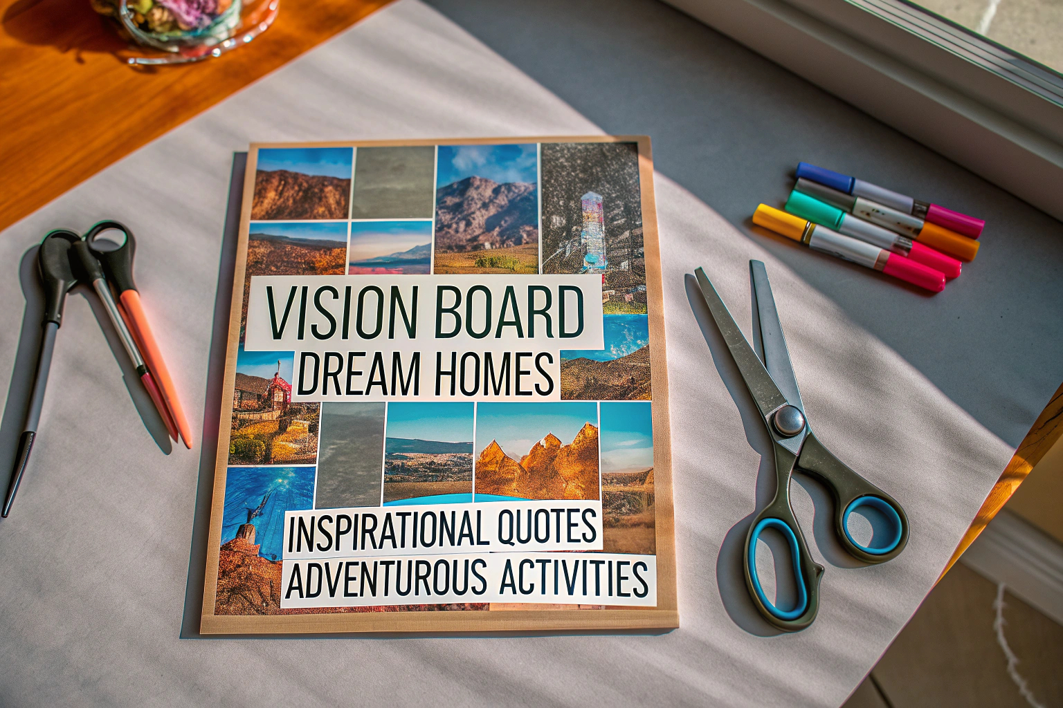 Eine kreative Sammlung von Bildern und Zitaten, die für ein Vision Board verwendet werden. Kreative Sammlung von Bildern und Zitaten für Vision Board