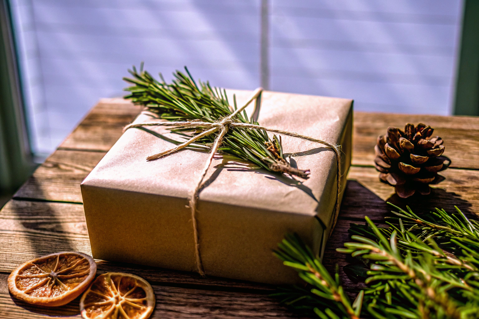 Eine kreative und nachhaltig verpackte Geschenkbox mit natürlichen Materialien. Nachhaltige Geschenkverpackung mit einer grünen Box und Juteschnur