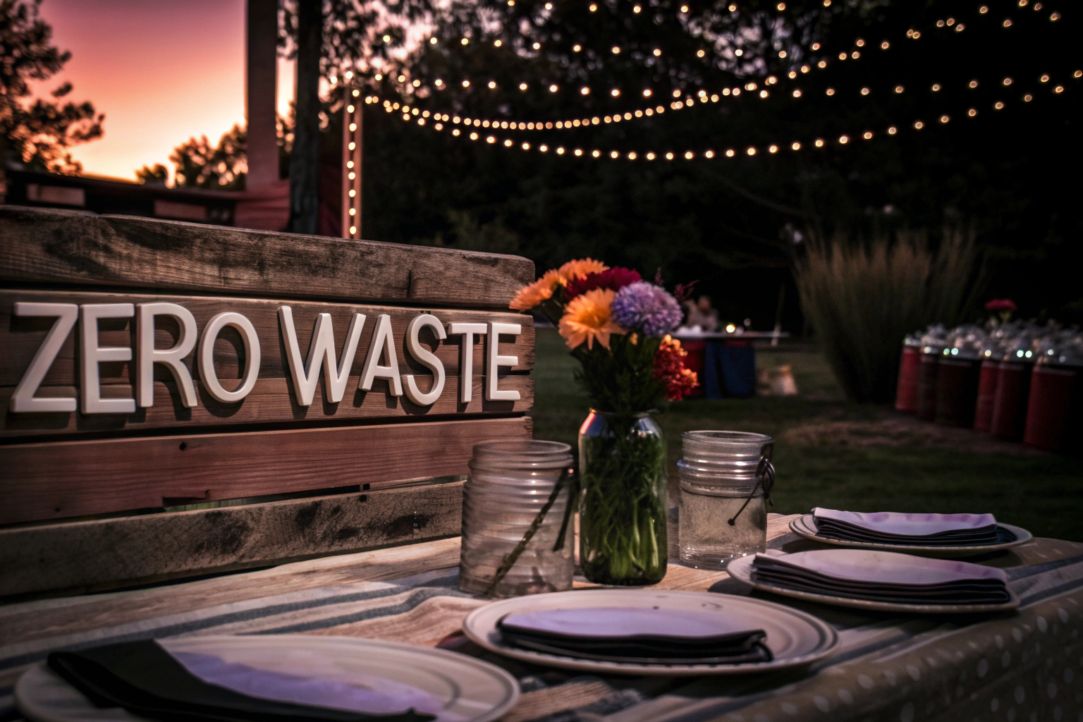 Eine liebevoll dekorierte Zero-Waste-Party im Garten mit natürlicher Dekoration. Zero-Waste-Party im Garten