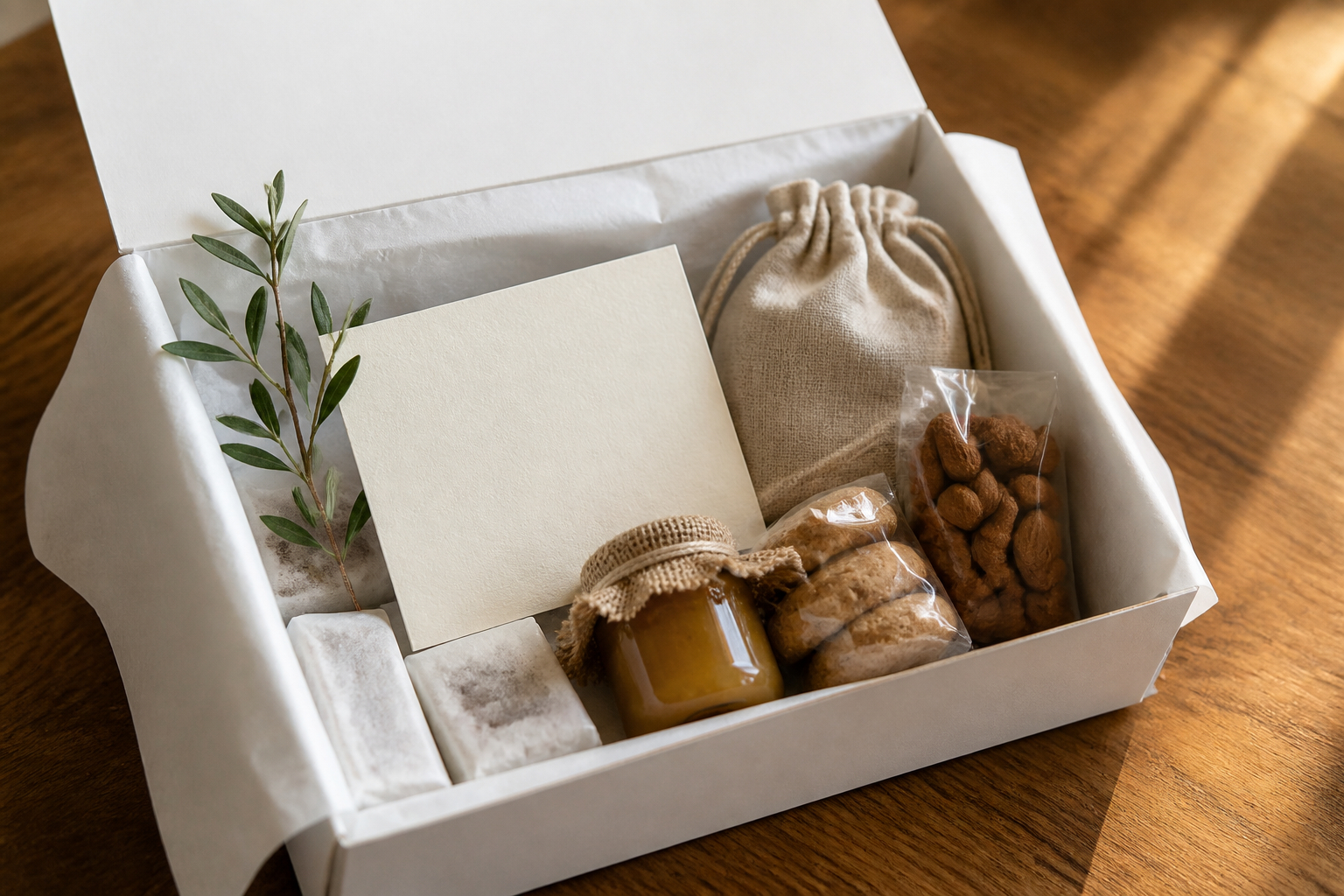 Persönliche Willkommensbox für Hochzeitsgäste mit Karte und kleinen Geschenken
