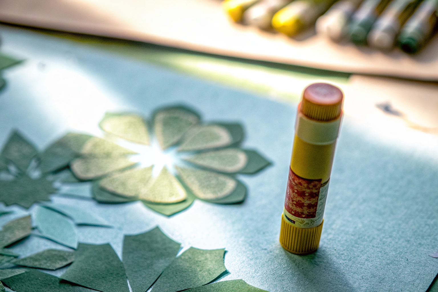 Eine Nahaufnahme eines Pritt Klebestiftes neben einem Bastelprojekt aus recyceltem Papier. Pritt Klebestift und Bastelprojekt