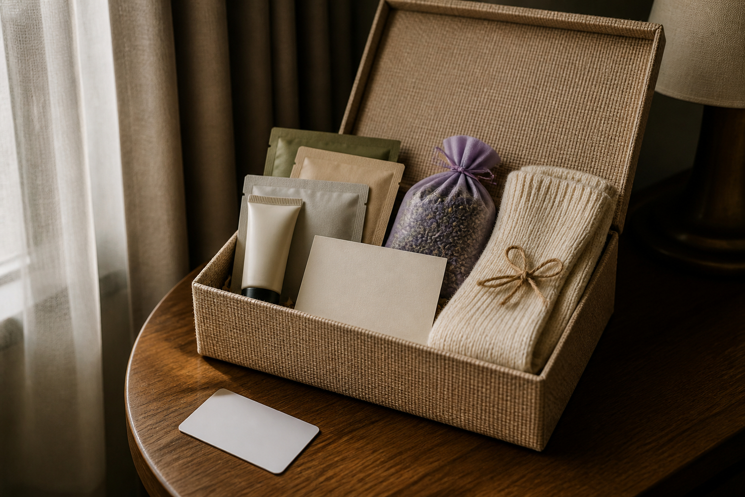 Wohlfühlset in einer Willkommensbox für Hochzeitsgäste im Hotel