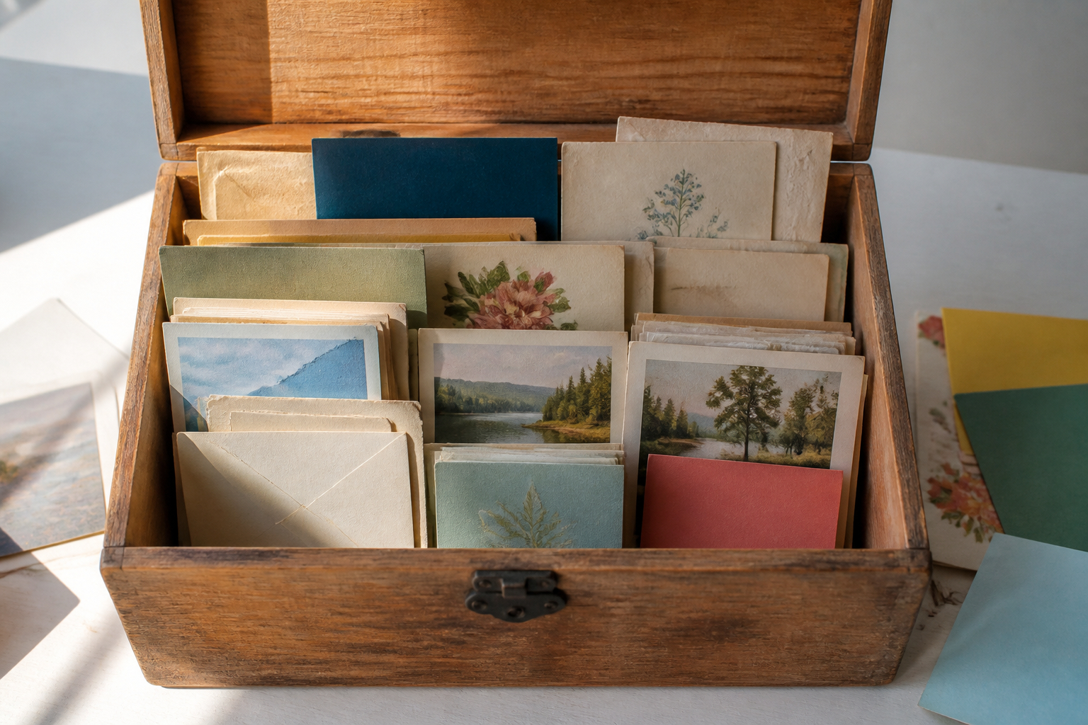 Alte Karten und Erinnerungen für nachhaltiges Upcycling sortieren