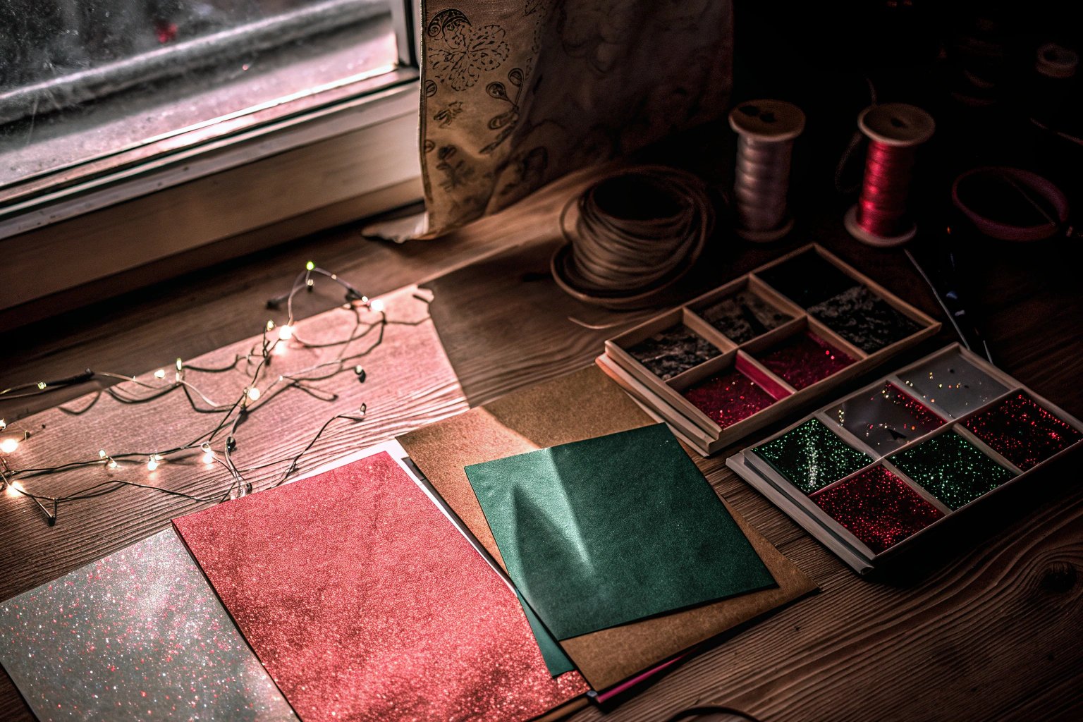 Eine Person, die an einem Tisch sitzt und Weihnachtskarten mit verschiedenen Materialien gestaltet. Gestaltung von Weihnachtskarten