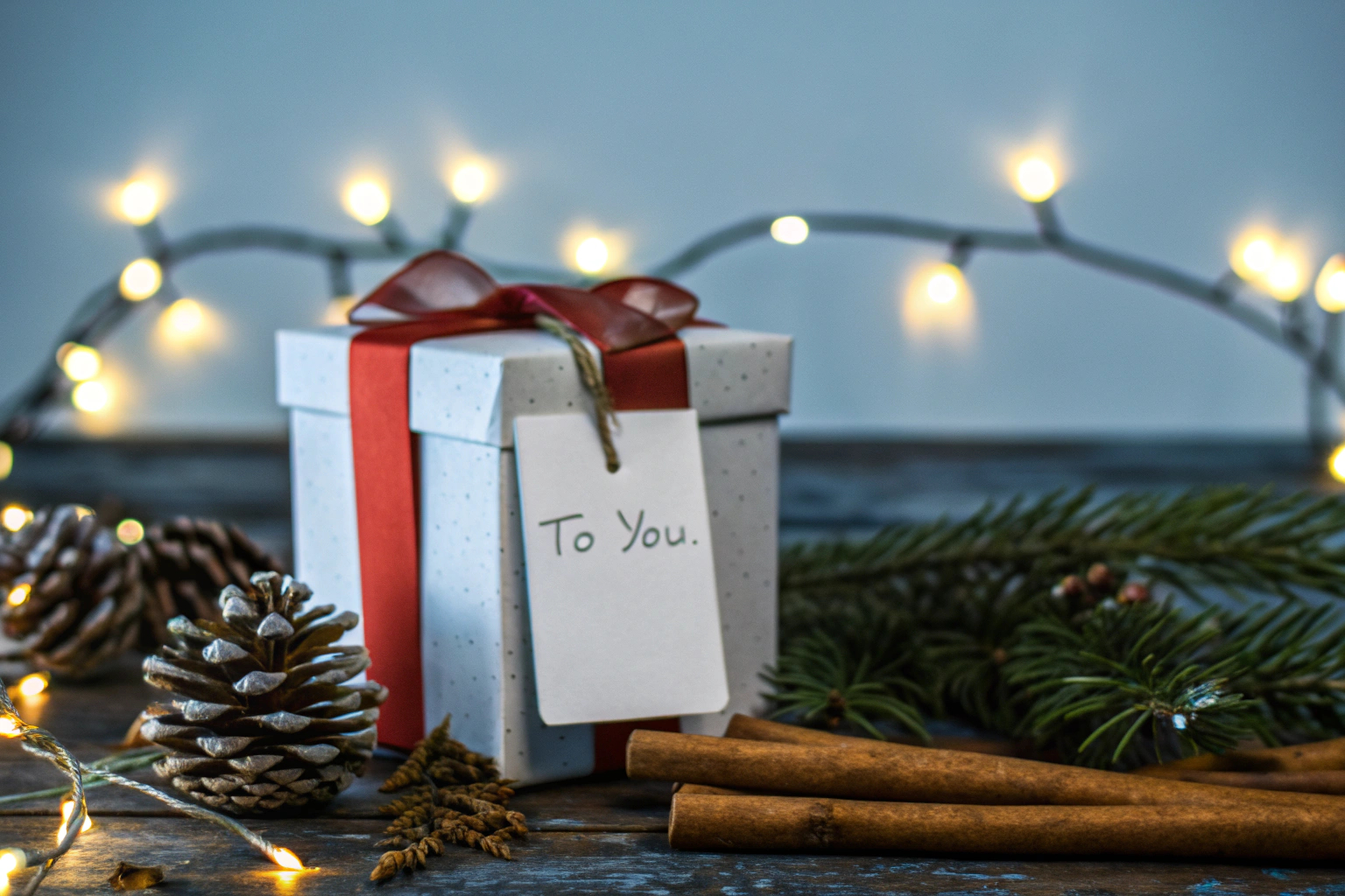 Eine Person, die ein Geschenk überreicht und dabei lächelt. Geschenkübergabe