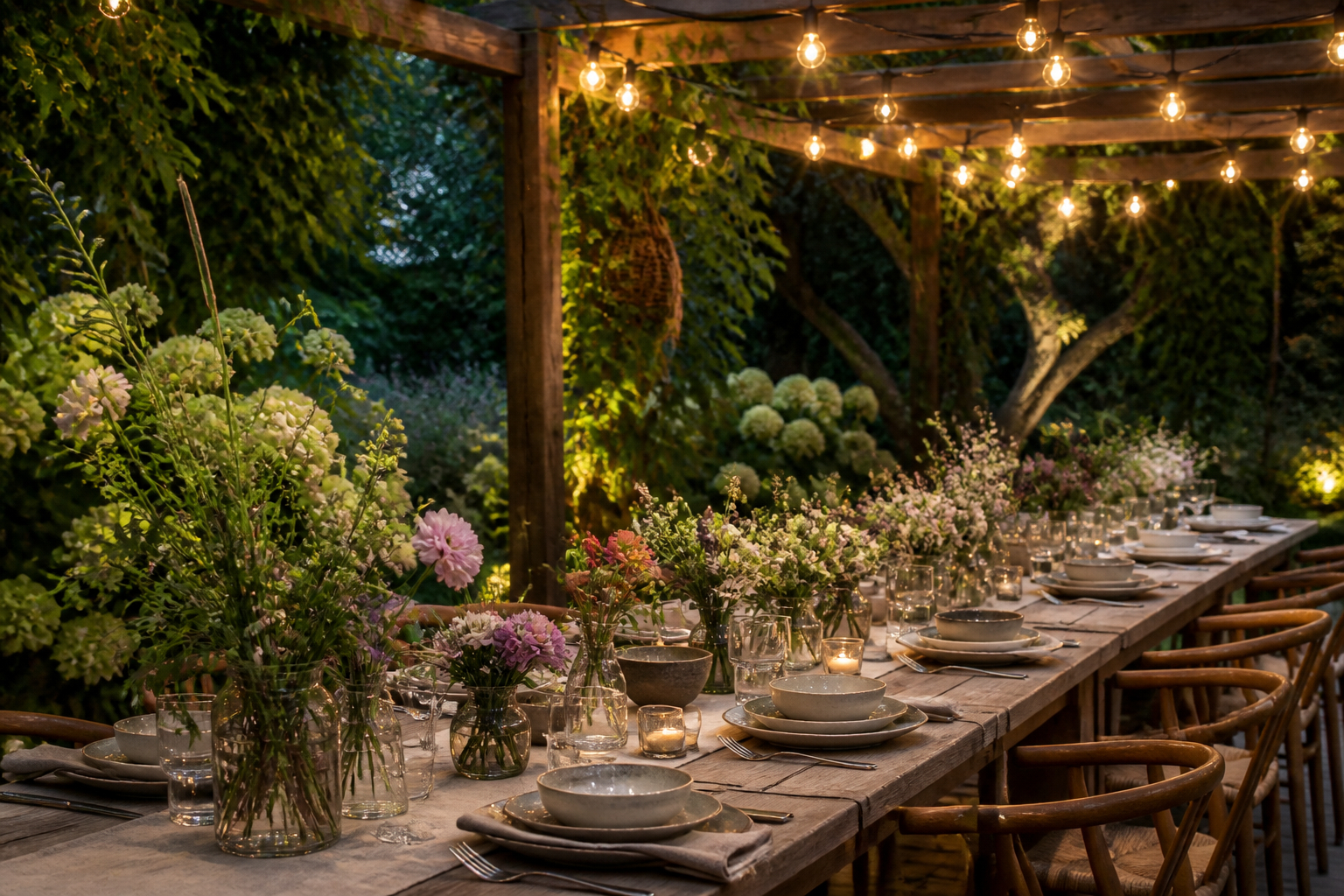 Hochzeitstafel unter einem natürlichen Lichterdach im Garten