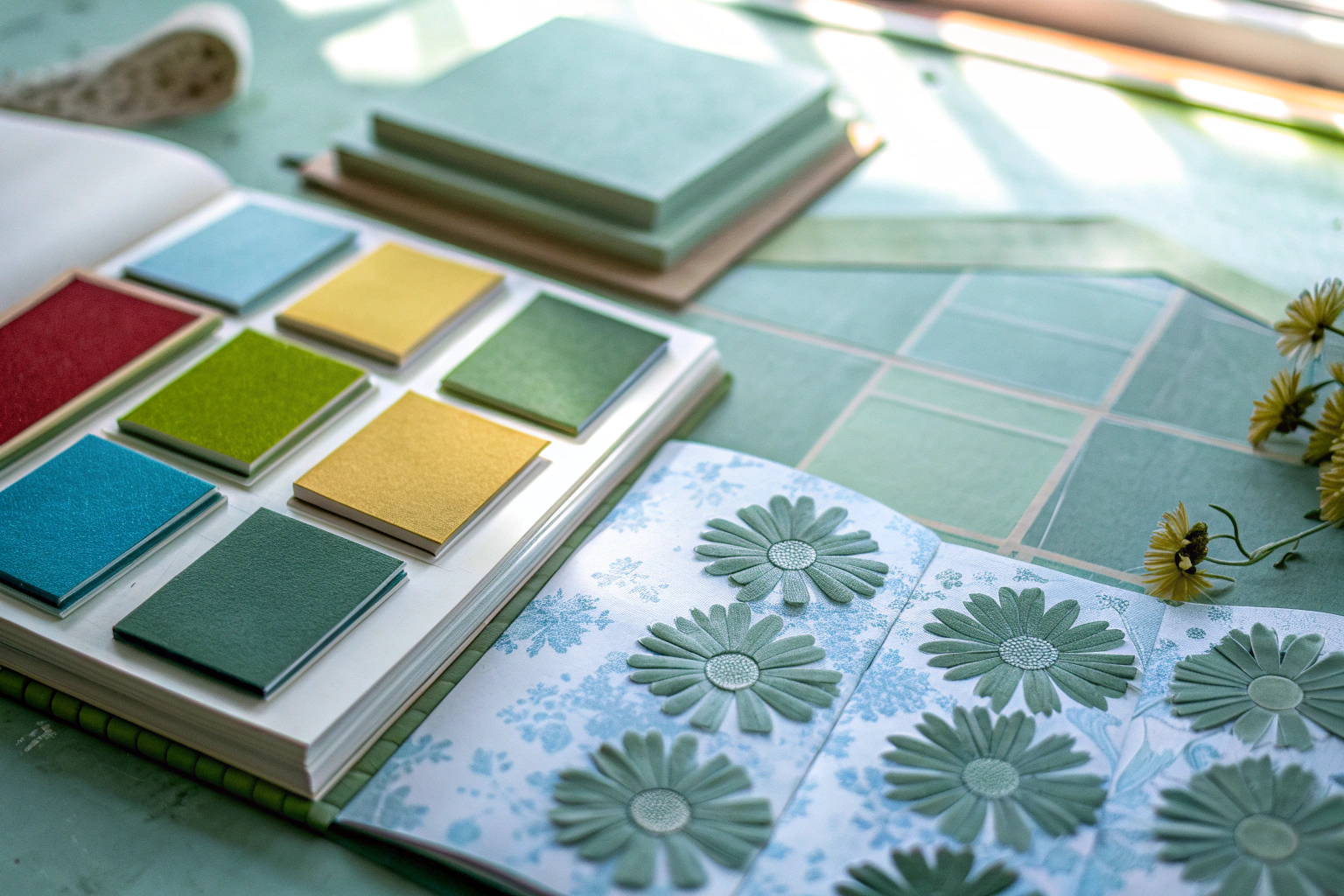 Eine Sammlung von bunten Stempelkissen neben einem kreativen Scrapbook-Projekt. Bunte Stempelkissen und Scrapbook-Projekt