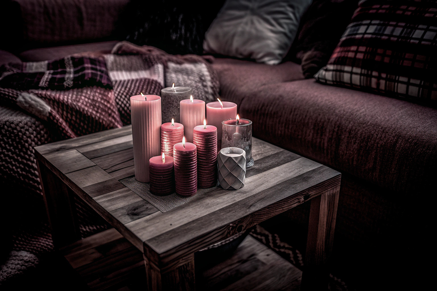 Eine Sammlung von DIY-Kerzen in verschiedenen Farben und Formen, die in einem gemütlichen Wohnzimmer platziert sind. DIY-Kerzen in verschiedenen Farben und Formen