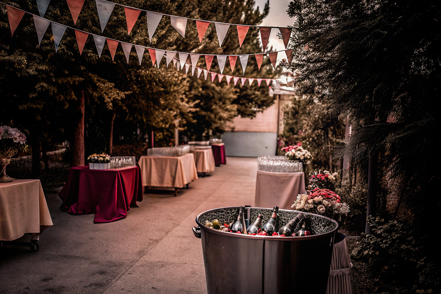 Eine stilvoll dekorierte Gartenparty mit bunten Wimpelketten und einem Getränkekühler. Gartenparty Dekoration mit Wimpelketten
