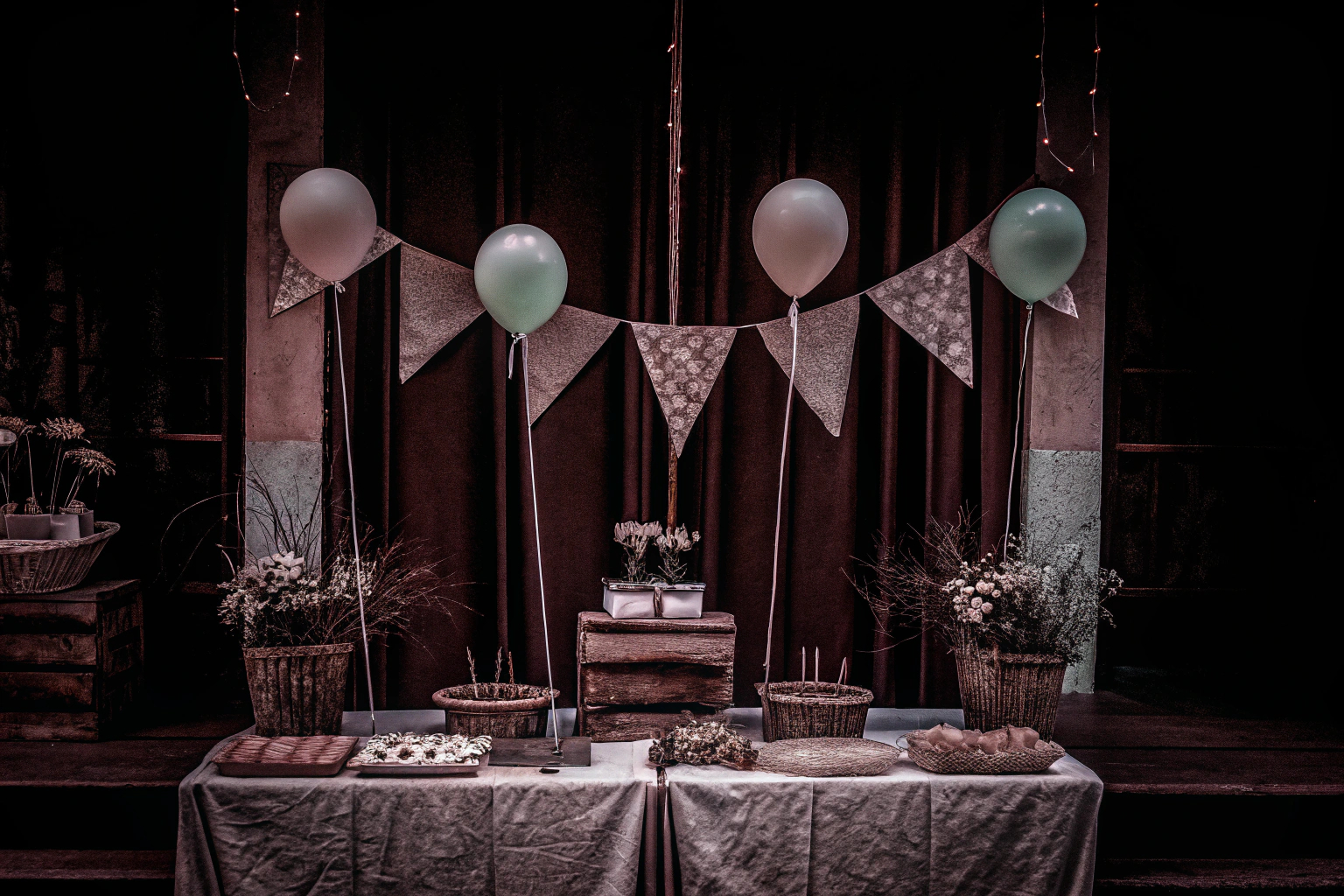 Eine stilvolle Babyshower Dekoration in neutralen Tönen mit Ballons und Bannern. Neutrale Babyshower Dekoration