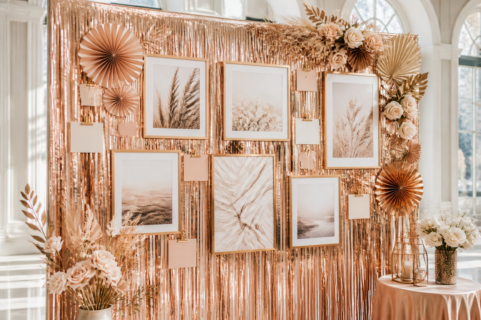 DIY-Fotowand mit Familienfotos und champagnerfarbener Partydekoration