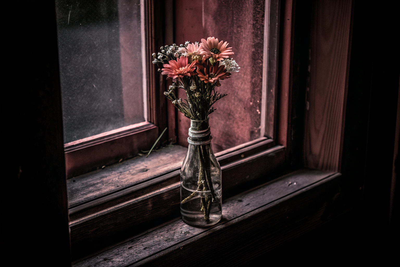 Eine Vase, die aus einer alten Glasflasche upcycelt wurde, gefüllt mit frischen Blumen. Upcycling Glasflasche zur Vase