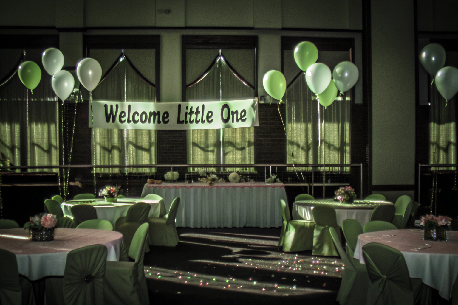 Eine wunderschön dekorierte Babyparty mit Ballons, Konfetti und Blumen. Babyparty Dekoration mit Ballons